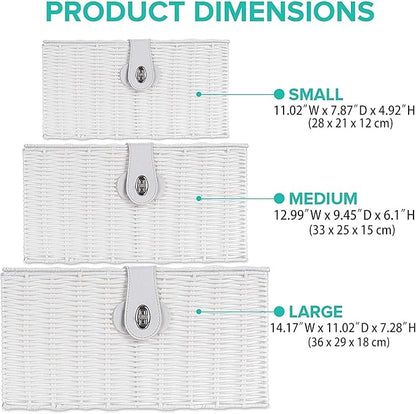 Set of 3 Woven Wicker Storage Basket Box with Lids & Lock, Built-in Carry Handles, Multifunctional Storage Organizer for Nursery, Baby, Clothes, Toys, Books, Large/Medium/Small Size (White)