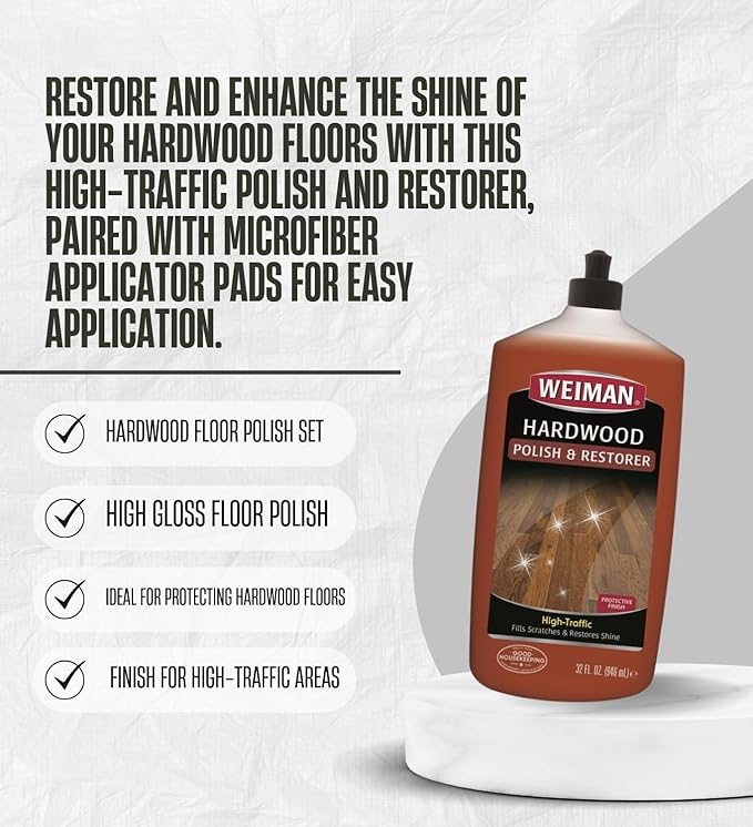 3x Weiman High Traffic High Gloss Hardwood Floor Polish & Restorer Liquid 32 oz Bundle with Microfiber Applicator Pads – Wood Floor Cleaner and Polish for Scratch Repair and Shine – Gift Set (4 Items)