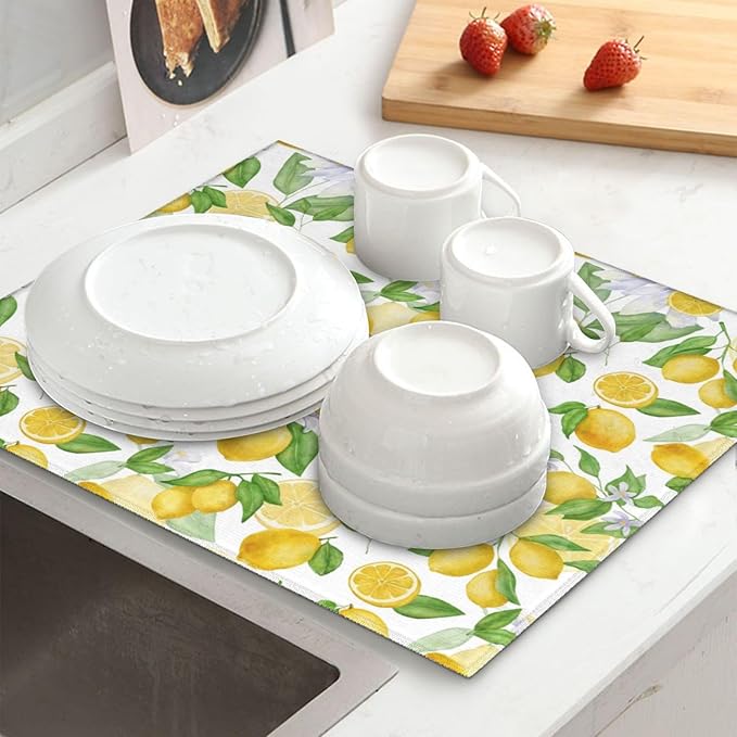 Lemon Dish Drying Mat for Kitchen Counter Microfiber Absorbent Dish Draining Reusable Washable Extra Large 24" x 18" (Lemon, 18x24in)