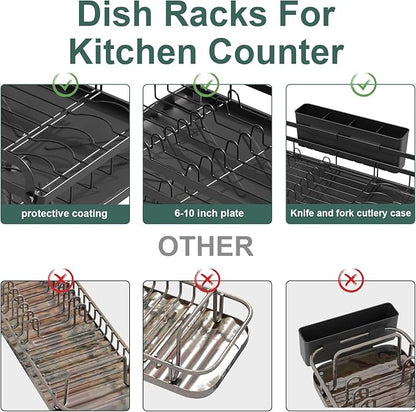 LIYI Dish Drying Rack and Sink Organiser,Removable Drainer Tray,Adjustable Spout,Easy Assembly Kitchen Drying Rack,Black