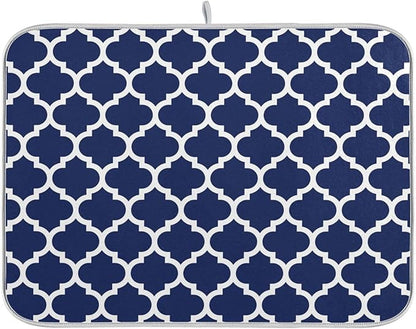 Navy Blue Trellis Lattice Dish Drying Mat for Kitchen Counter Absorbent Microfiber Drying Pad, Large 18x24 in, Reversible Drainer Mats