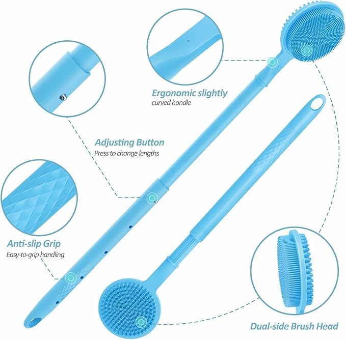Soft Silicone Back Scrubber & Bath Glove 2PCS, 16''- 24'' Extendable Shower Scrubber with Dual-Side Head, 360° Anti-Slip & Hand-fit Silicone Body Scrubber for Rich Foaming Deep Cleaning(Blue)
