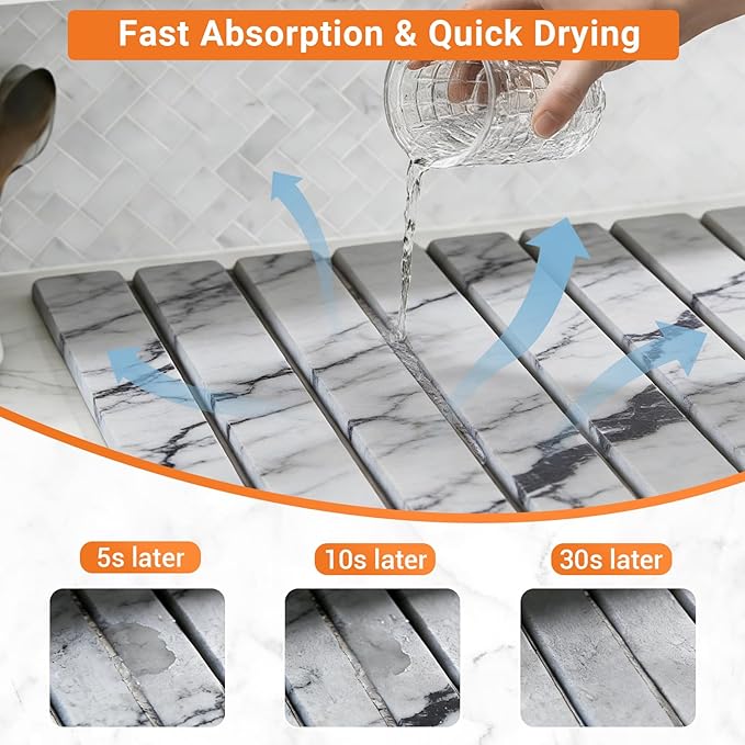 Dish Drying Mats, Large 24x16 Inch Diatomaceous Earth Drying Mat / Fast-Absorbing,Non-Slip Stone Drying Mat For Kitchen Counter / Eco-Friendly for Dishes (Gray Marble)