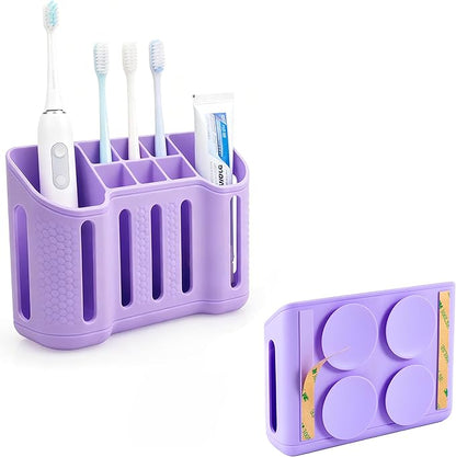 Wall-Mounted Silicone Toothbrush Holders for Bathrooms, Electric Toothbrush, Shaver and Toothpaste Holder, Multiple Slots, Suction Pad& Adhesive Tape, Bathroom Organizer, Bathroom Accessories (Purple)