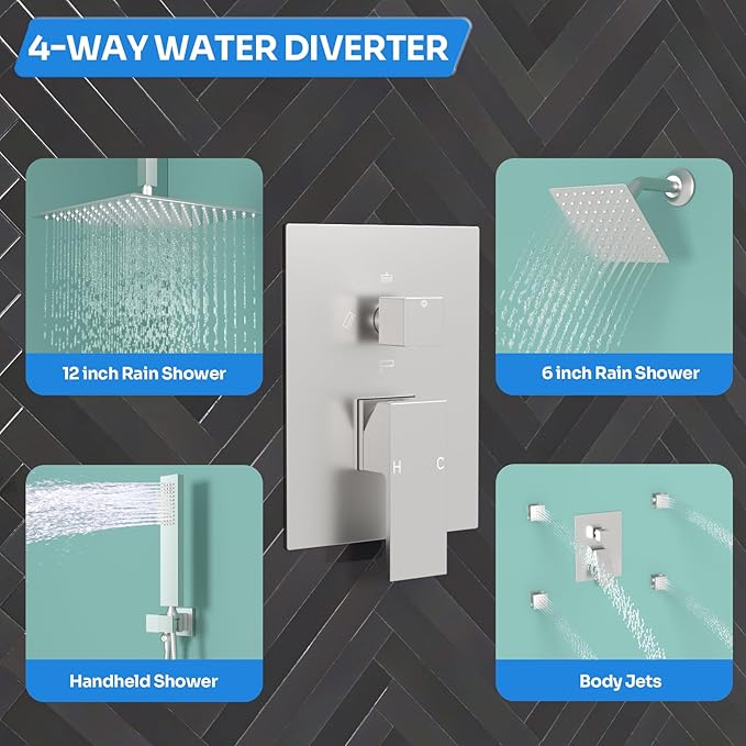 Enga Dual Shower Head Shower System with Body Jets, 12" Ceiling Mounted Rain Shower Head & 6" Wall Mounted Head Full Body Rainfall Shower Faucet with Valve Kit, Brushed Nickel
