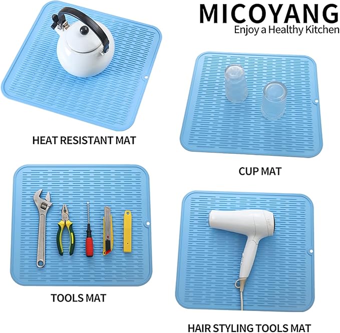 MicoYang Silicone Dish Drying Mat for Multiple Usage,Easy clean,Eco-friendly,Heat-resistant Silicone Mat for Kitchen Counter or Sink,Refrigerator or Drawer Liner Light Blue XL 18 inches x 16 inches