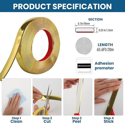 Peel and Stick Molding Trim Waterproof Mirror Tape Border Flexible Wall Trim Molding Self Adhesive for Home Decoration Wall Protection(65.6 Ft)