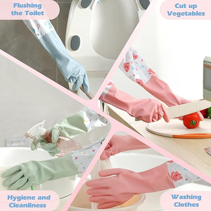 3 Pairs Dishwashing Cleaning Gloves, SHAIDOJIO Waterproof Reusable Kitchen Long Rubber Gloves, Non-Slip Latex-Free Household Gloves With Cotton Lined for Laundry Cleaning Working Gardening Cooking