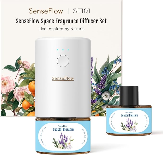 Essential Oil Diffuser for Home, Waterless Aromatherapy Diffuser SF101, Plug in Room Scent with 120-Day Natural Aroma, Covers 1000 Sq Ft – Free 30ml Coastal Blossom