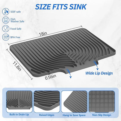 Dish Drying Mat for Kitchen Counter, with Built-in Drain Wide Lip, Food-Grade Silicone, Easy Clean Pad for Countertop Protection, Multi-Functional Use (18×12 Wide Lip, Grey)