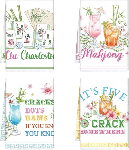 Mahjong Gifts Kitchen Towels, 4PCS Mah Jongg Gifts Dish Towels for Cooking Cleaning, Mahjong Accessories Absorbent Tea Towel with Hanging Loop for Home Decor(16 X 24 Inches)