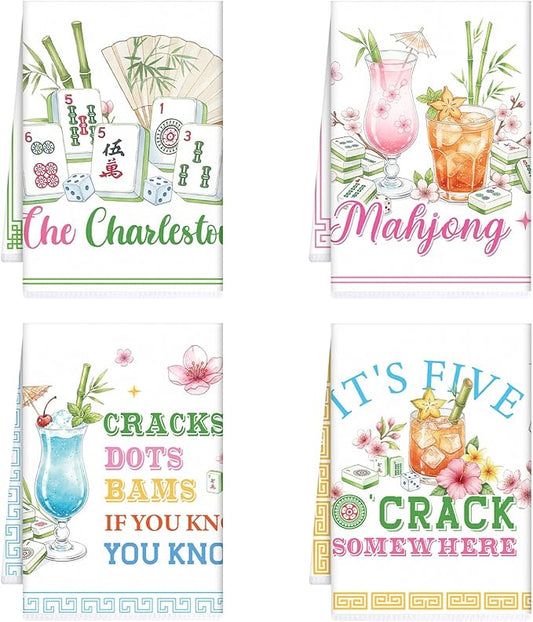 Mahjong Gifts Kitchen Towels, 4PCS Mah Jongg Gifts Dish Towels for Cooking Cleaning, Mahjong Accessories Absorbent Tea Towel with Hanging Loop for Home Decor(16 X 24 Inches)