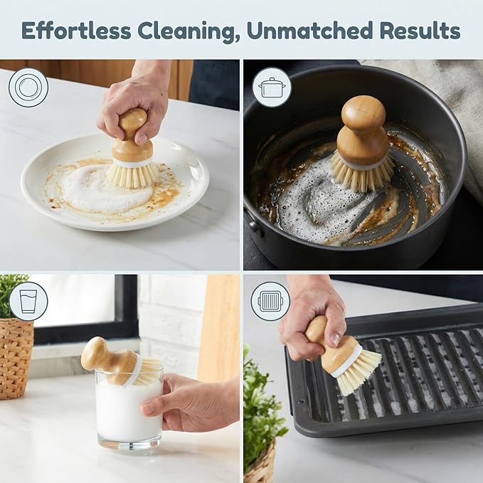 ONEMORE Bamboo Dish Brush with Ceramic Foaming Base, Kitchen Sink Scrub Brush Set with Spring and Mesh Insert, Wooden Handle Dishwashing Brush for Pots Pans Plates Bowls, White