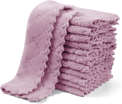 UMANI 12 Pack Kitchen Dish Cloths, Ultra Soft Absorbent Quick Drying Dish Towels, Nonstick Oil Microfiber Cleaning Cloth, Machine Washable Coral Fleece Cleaning Rags (Purple)