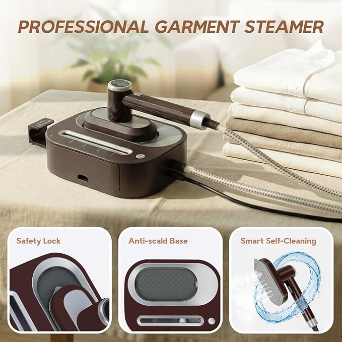 2 In 1 Steamer for Clothes: 1550W Powerful Steamer with 1100ml Detachable Tank, 30s Fast Heat-Up, Horizontal & Vertical Use, Portable Wrinkle Remover for Clothes Drapes Bedding (Brown)
