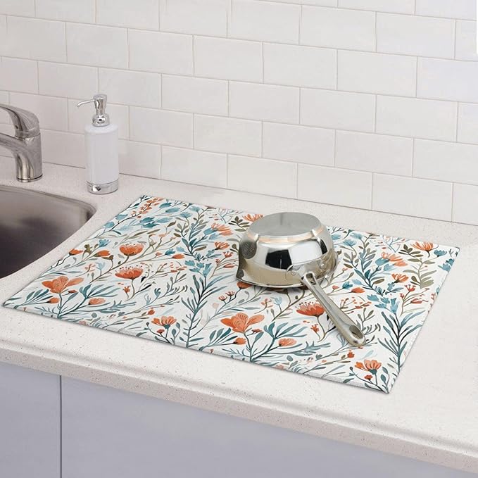 Burnt Orange Teal Floral Dish Drying Mats for Kitchen Counter & Sink, 18" x 24" Absorbent Microfiber Cute Drying Pad for Dishes, Washable Foldable Teal and Orange Dishes Drainer Mats, Boho Home Decor