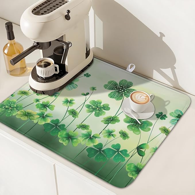 St Patrick's Day Dish Drying Mat for Kitchen Counter Green Lucky Shamrock Pattern Drying Mat 16x18 Inch Spring Holiday Absorbent Dish Drainer Mat Kitchen Accessories