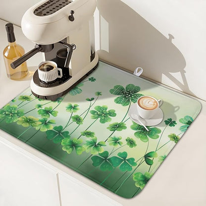 St Patrick's Day Dish Drying Mat for Kitchen Counter Green Lucky Shamrock Pattern Drying Mat 16x18 Inch Spring Holiday Absorbent Dish Drainer Mat Kitchen Accessories