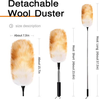 Lambswool Feather Duster with Extension Pole up to 57.5inch,Extendable Feather Duster Used for Cleaning High Ceiling Fan, High Ceilings,Furniture,Hard to Reach Areas