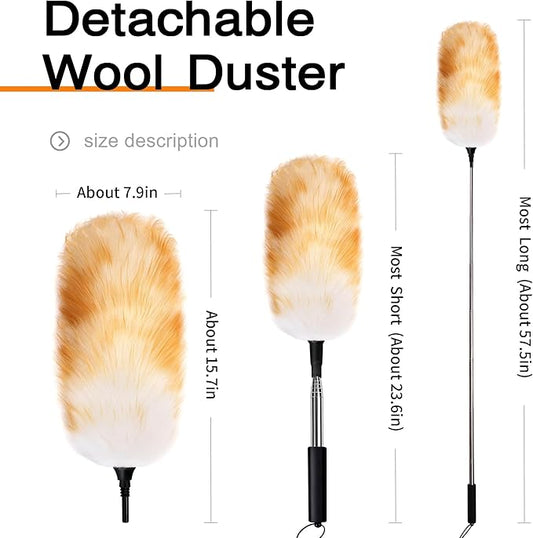 Lambswool Feather Duster with Extension Pole up to 57.5inch,Extendable Feather Duster Used for Cleaning High Ceiling Fan, High Ceilings,Furniture,Hard to Reach Areas