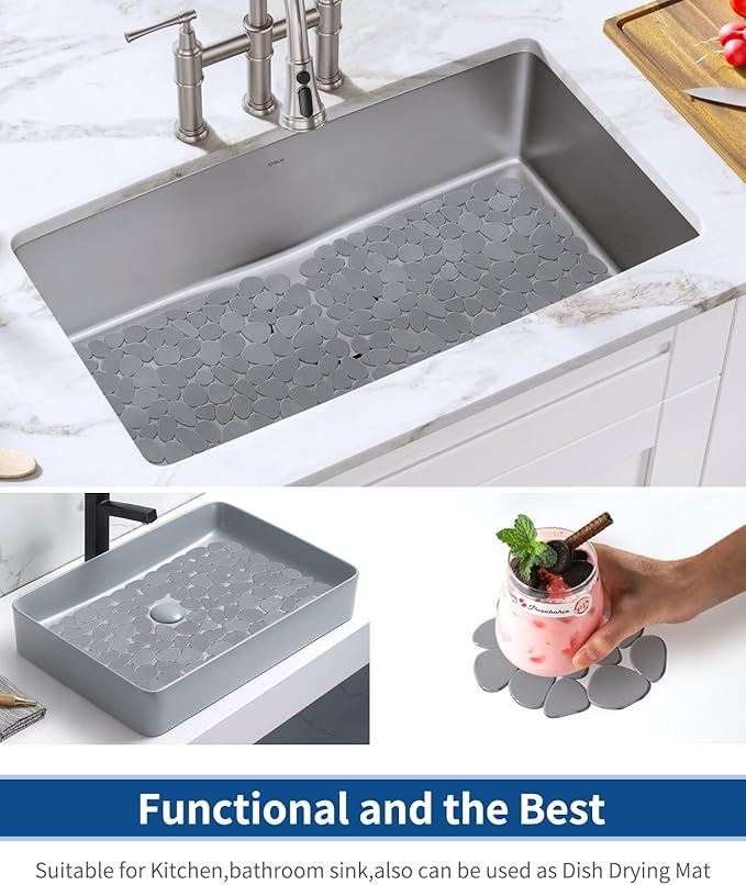 Bligli Pebble Sink Mat for Stainless Steel/Ceramic Sinks, 2 Pack PVC Sink Protectors Mats for Bottom of Kitchen Sink, Dish Drying Mat for Dishes and Glassware, 15.7 x 11.8 inch, Solid Grey