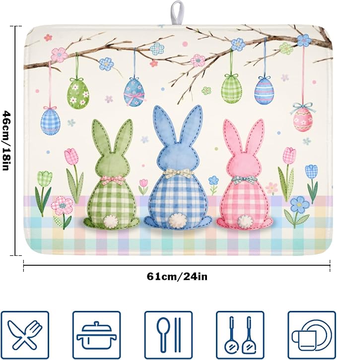 Easter Bunny Dish Drying Mat for Kitchen Counter 18 x 24 Inch Rabbit Eggs Dish Drainer Mat Absorbent Microfiber Dish Rack Pad for Spring Holiday Coffee Dining Bar Decor