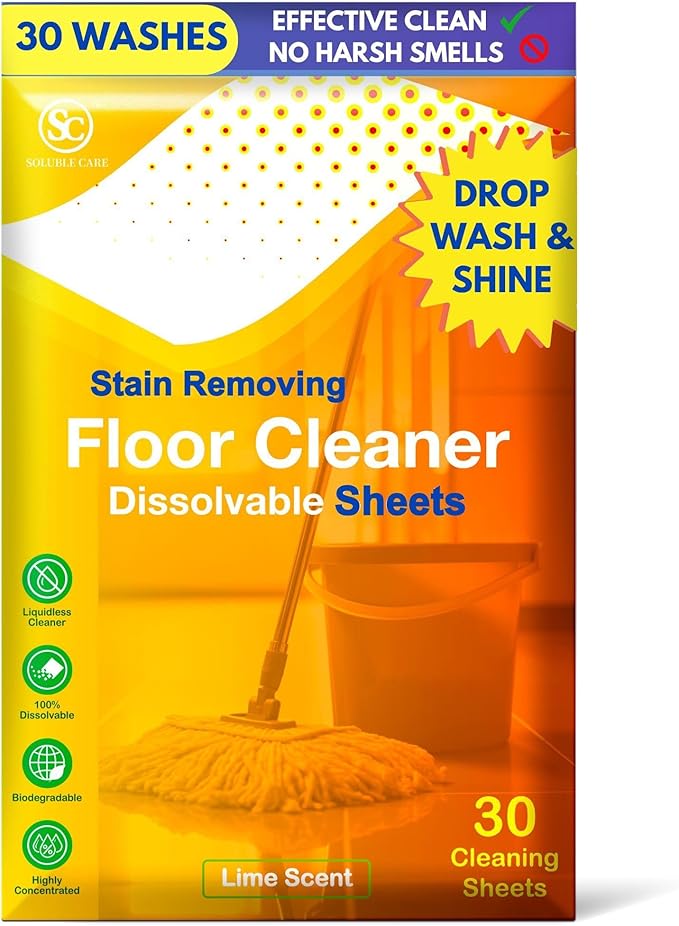 30 Floor Cleaner Dissolvable Sheets (Concentrated, Liquid-Free Cleaning Sheets for Buckets & Refillable Spray Mops) - Fresh Lime Scent