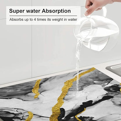 Black White Gold Marble Dish Drying Mats for Kitchen Counter, Absorbent Microfiber Drying Pad for Countertop & Sink, 18" x 24" Foldable Modern Kitchen Dish Draining Mat for Dining Area, Home Decor