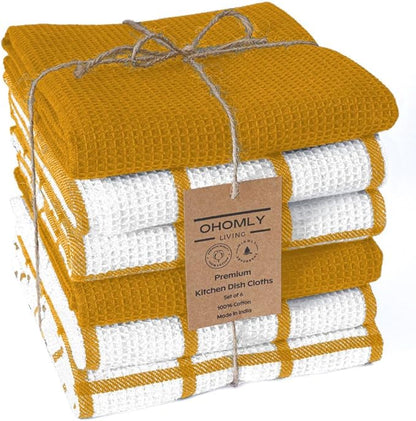Assorted Waffle Kitchen Towels 100% Cotton Set of 6 - Heavy Duty 320 GSM Quality Dish Cloths Towel - Soft Absorbent Washable for Kitchen Use -Quick Drying Dish Towel 16x26 Mustard Yellow