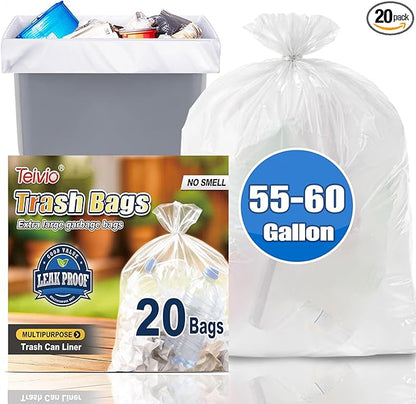 Teivio Large Clear Trash Bags 55-60 Gallon 20 Counts Fit 50,55,60,Gal All Purpose Garbage Bags, Extra Large Lawn and Leaf Bags Outdoor Trash Can Liner, Drum Liners, Workshops, Backyard