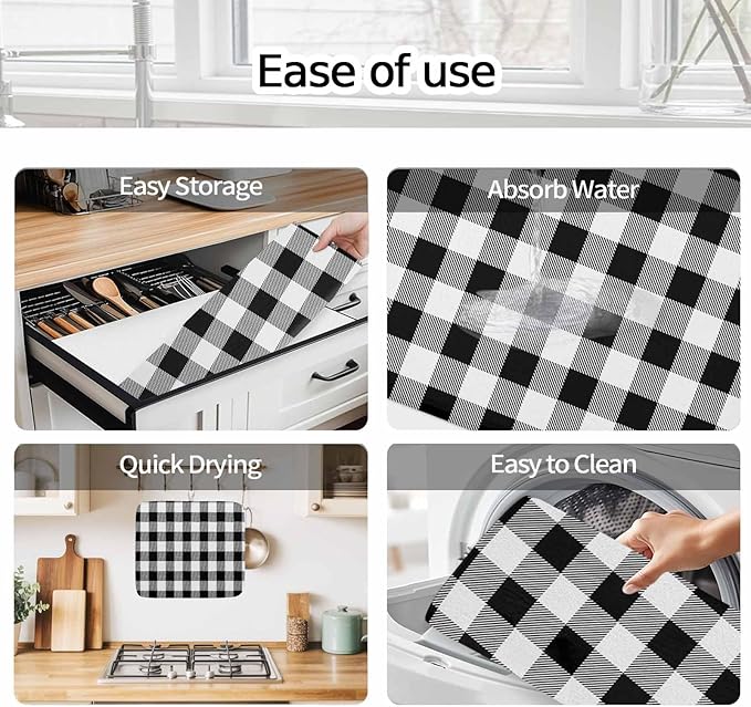 Dish Drying Mat Black Check Plaid Drying Matt for Kitchen Counter Farmhouse Style Absorbent Microfiber Quick Dry Mats Dishes Drainer Home Decorations 16x18 inch