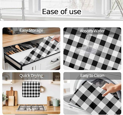 Dish Drying Mat Black Check Plaid Drying Matt for Kitchen Counter Farmhouse Style Absorbent Microfiber Quick Dry Mats Dishes Drainer Home Decorations 16x18 inch