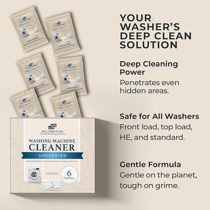 Washing Machine Cleaner Tablets – Deep Clean Washer Descale, Laundry Tub Cleaning Solution, Smell Fresh, Eliminates Buildup & Dirt, For Front & Top Load Washers, Easy-to-Use, 6 Pack, unscented