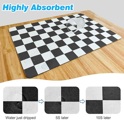 CooRug Checkered Dish Drying Mat for Kitchen Counter, Absorbent Non-Slip Coffee Mat, Heat Resistant Mat for Countertops Coffee Bar Decor 16" x 24" Black