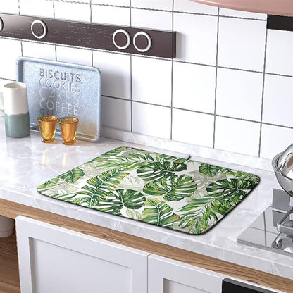 Tropical Palm Leaves Dish Drying Mat for Kitchen Counter 18x24 Inch, Green Monstera Kitchen Drying Mat,Watercolor Herbs Dishes Pad Dish Drainer Rack Mats Absorbent Fast Dry Kitchen Accessories