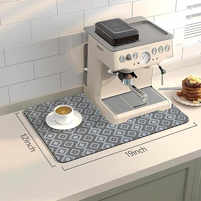 Bloss Dish Drying Mat, 12"x19" Absorbent Coffee Bar Mat with Waterproof Rubber Back, Fit Under Coffee Maker Machine/Kitchen Counter(Gray-White Plaid)