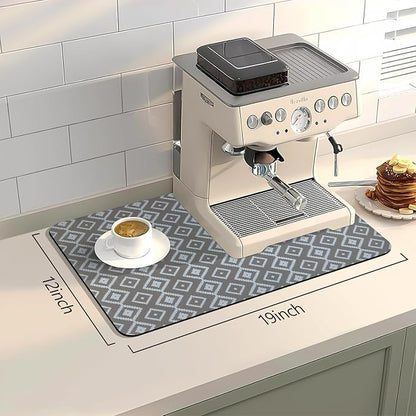 Bloss Dish Drying Mat, 12"x19" Absorbent Coffee Bar Mat with Waterproof Rubber Back, Fit Under Coffee Maker Machine/Kitchen Counter(Gray-White Plaid)