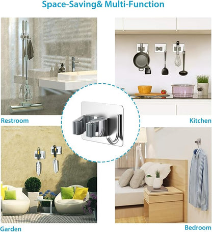 homeasy Mop Broom Holder No Drill, Mop Broom Organizer Wall Mounted Heavy Duty with Hooks Hanger, Self Adhesive Stainless Steel 6Pcs for Bathroom, Kitchen, Office (Silver)