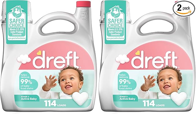 Dreft Stage 2 Active Baby Liquid Laundry Detergent,Helps Remove 99% of Baby Food Stains,114 loads,(Pack of 2)