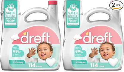 Dreft Stage 2 Active Baby Liquid Laundry Detergent,Helps Remove 99% of Baby Food Stains,114 loads,(Pack of 2)