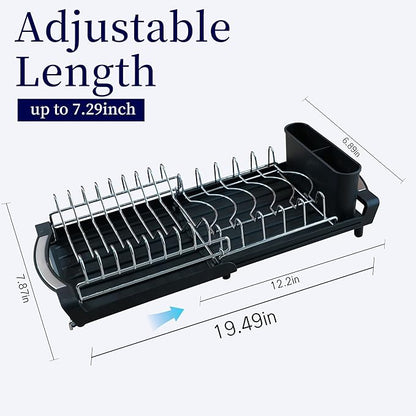 Dish Drying Rack Compact Expandable Double-Decker: Stainless, Rust-Proof, fits Kitchens/Apartments, extends 11.42"-19.9" (Black).