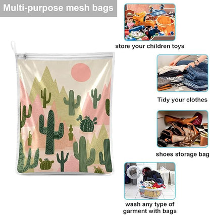 Mesh Laundry Bags Lingerie Bags for Washing Delicates 2 PCS Durable Wash Bag with Zipper Small and Medium Washable Boho Cacti Mountains Sun
