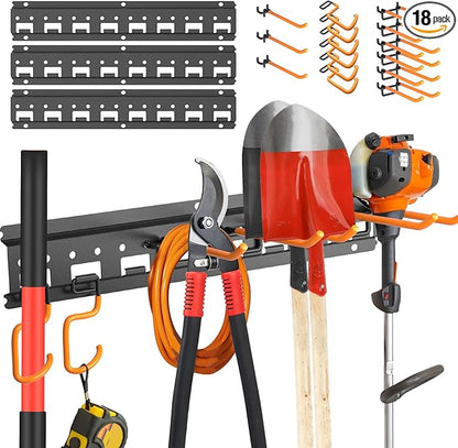 Garden Tool Organizer Wall Mount - Garage Storage and Organization Yard Tool Hanger with Adjustable Pegboard Hooks Shed Rack for Broom Mop Shovel Rake Trimmers, 48 inch Max 550lbs, Black
