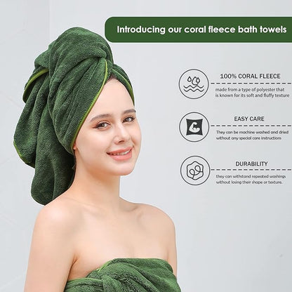 GraceAier Microfiber Bath Towels 4 Pack, 28x56 Inch Coral Velvet Quick Dry Towel Set, Highly Absorbent, Ultra Soft & Lint-Free for Bathroom, Gym, Travel and Swim-Green