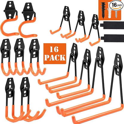 14 Pack Heavy Duty Garage Hooks with 2 Extension Straps, Triple Welded Wall Mount Utility Hangers, 100 Lbs Capacity Steel Tool Organizer for Garage Makeover, Garden, Shed, Hose