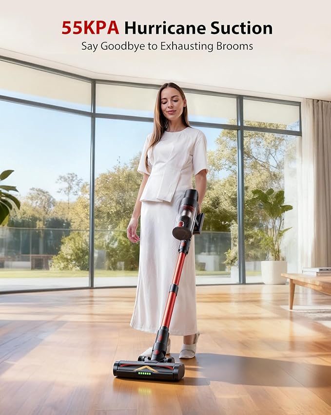 Cordless Vacuum Cleaner, 75Mins/55KPa/650W Self-Standing Stick Vacuum Cleaners for Home, Rechargeable, Lightweight, Anti-Static&Anti-Tangle Brush, for Hard Floor, Carpet, Hardwoods, Pet Hair
