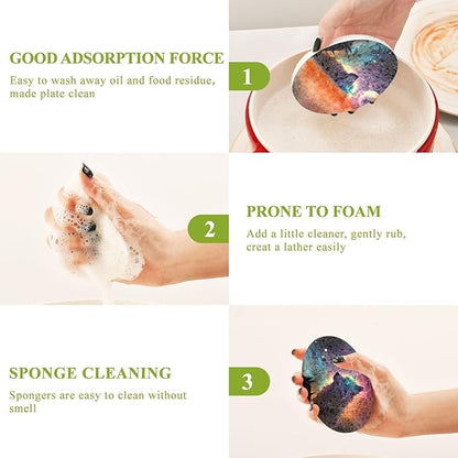 Galaxy Wolf Kitchen Scrub Sponges, Pop-up Kitchen Cleaning Sponges Reusable Dish Washing Sponges for Bathroom Household Cleaning 3 Pack - Non Scratch Scrubber