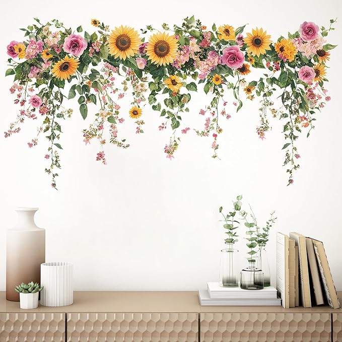 Sunflower Wall Stickers Vinyl Flower Wall Decals Peel and Stick Wall Murals Art Decor Wallpaper for Girls Bedroom Living Room Kitchen Tv Background