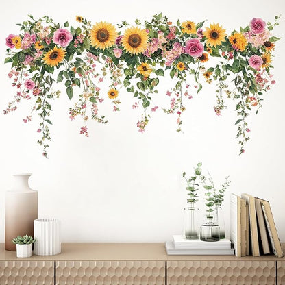 Sunflower Wall Stickers Vinyl Flower Wall Decals Peel and Stick Wall Murals Art Decor Wallpaper for Girls Bedroom Living Room Kitchen Tv Background