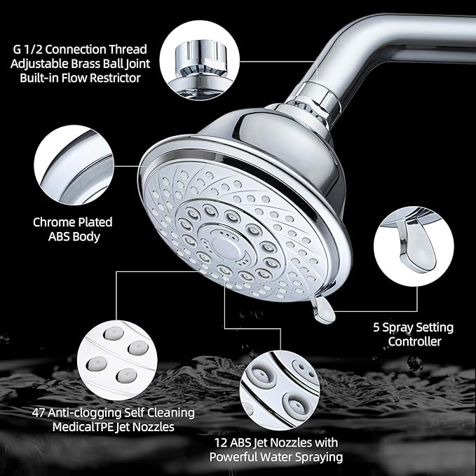 High Pressure Shower Head, 5-Spray Mode Adjustable Showerhead with 4-Inch Round Head, High Flow Handheld Shower for Low Water Pressure, Easy Install & Clean, Round Chrome